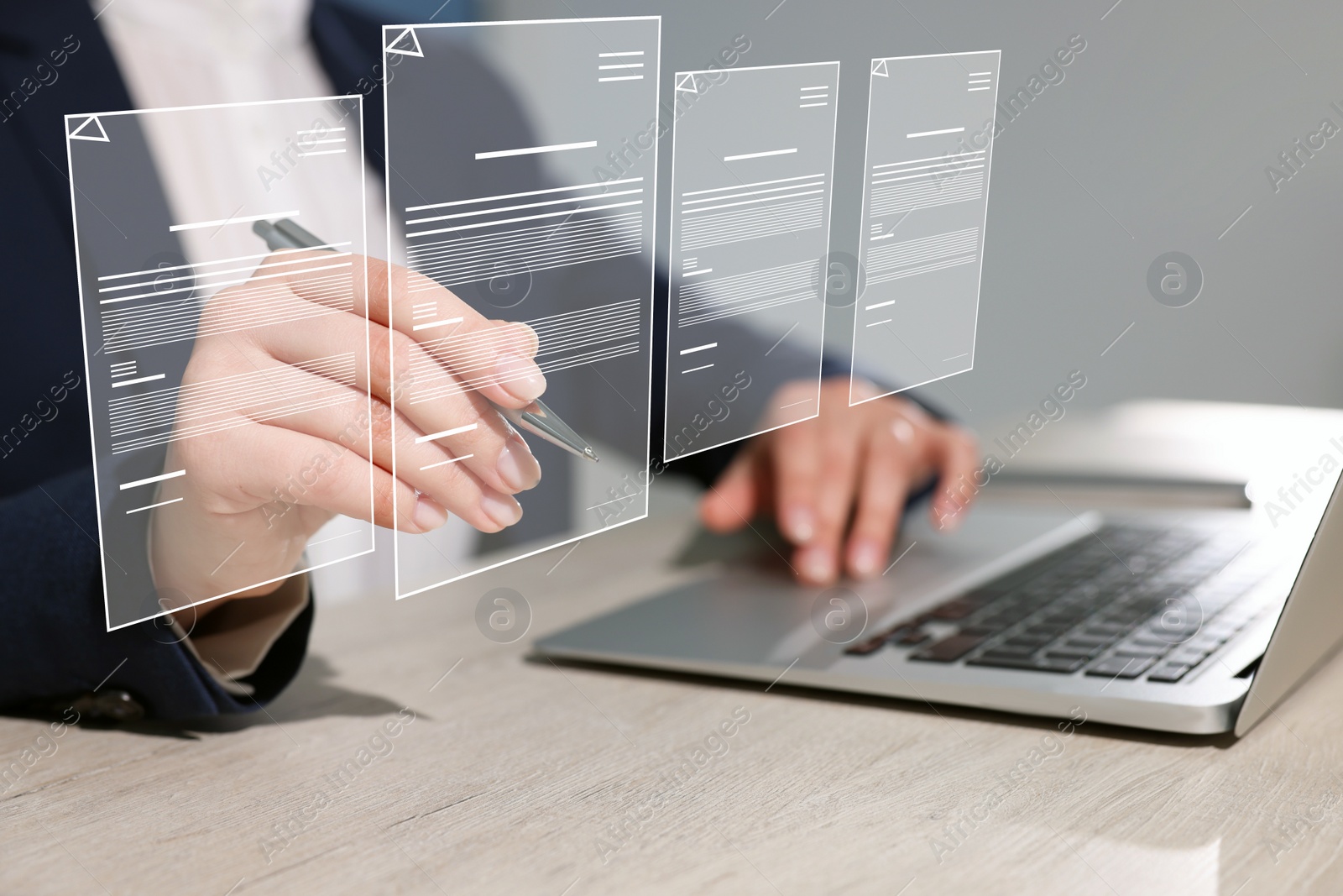 Image of Concept of electronic signature. Woman working on laptop at table indoors, closeup