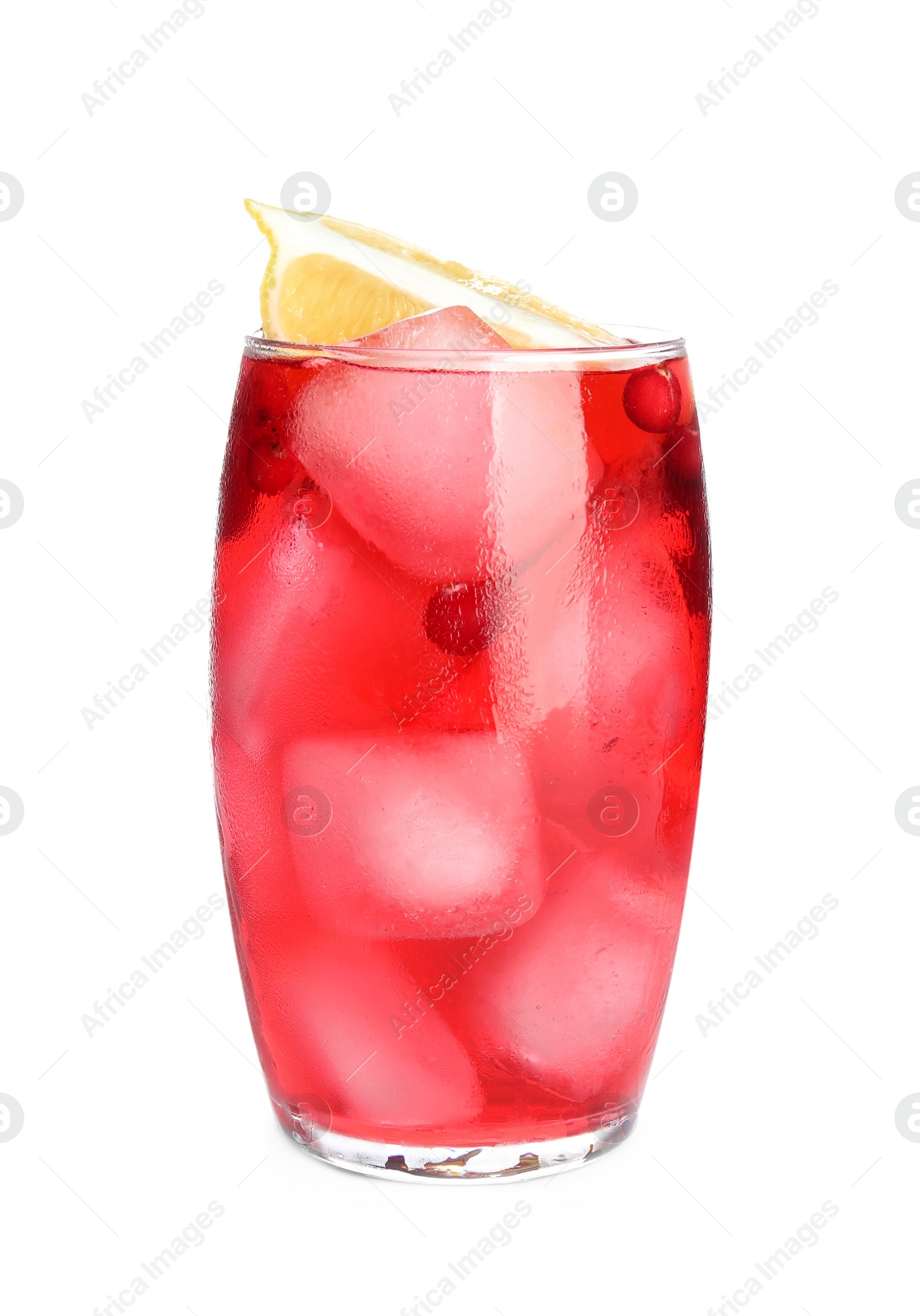 Photo of Tasty refreshing cranberry cocktail with lemon isolated on white