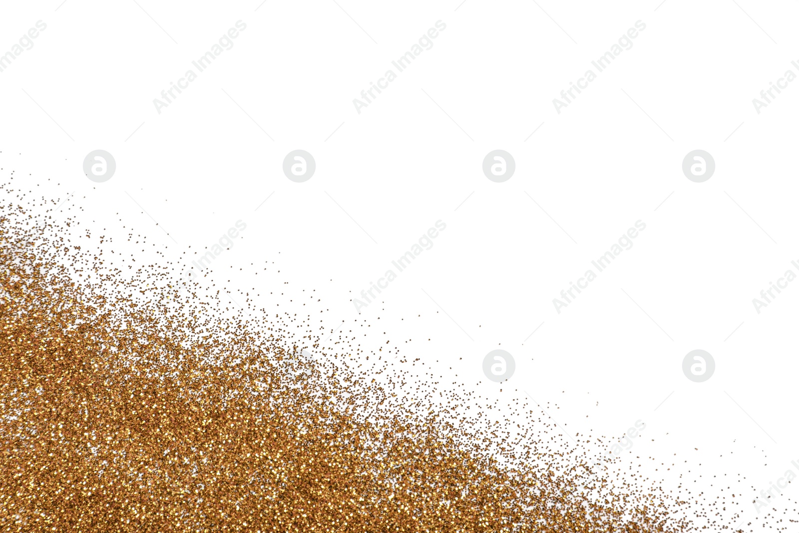 Photo of Shiny golden glitter on white background, top view