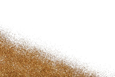 Shiny golden glitter on white background, top view