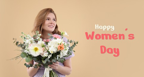 Image of Happy Women's Day, Charming lady holding bouquet of beautiful flowers on dark beige background