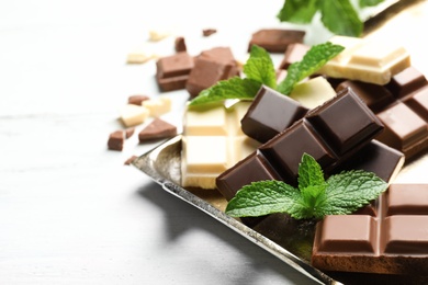 Photo of Different kinds of chocolate with mint on light table