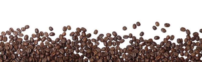 Many roasted coffee beans on white background, top view. Banner design