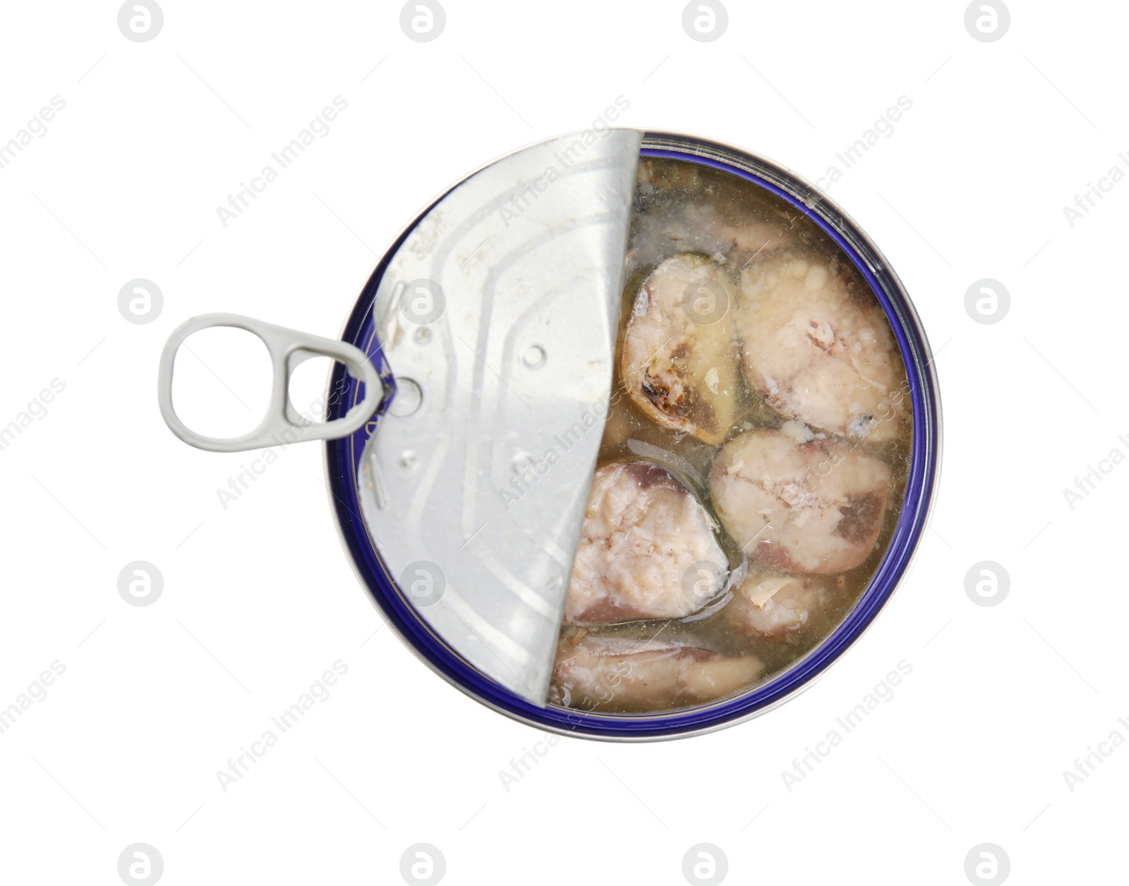 Photo of Open tin can with mackerel chunks isolated on white, top view
