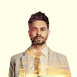 Double exposure of handsome businessman and landscape with trees. Concept of inner power