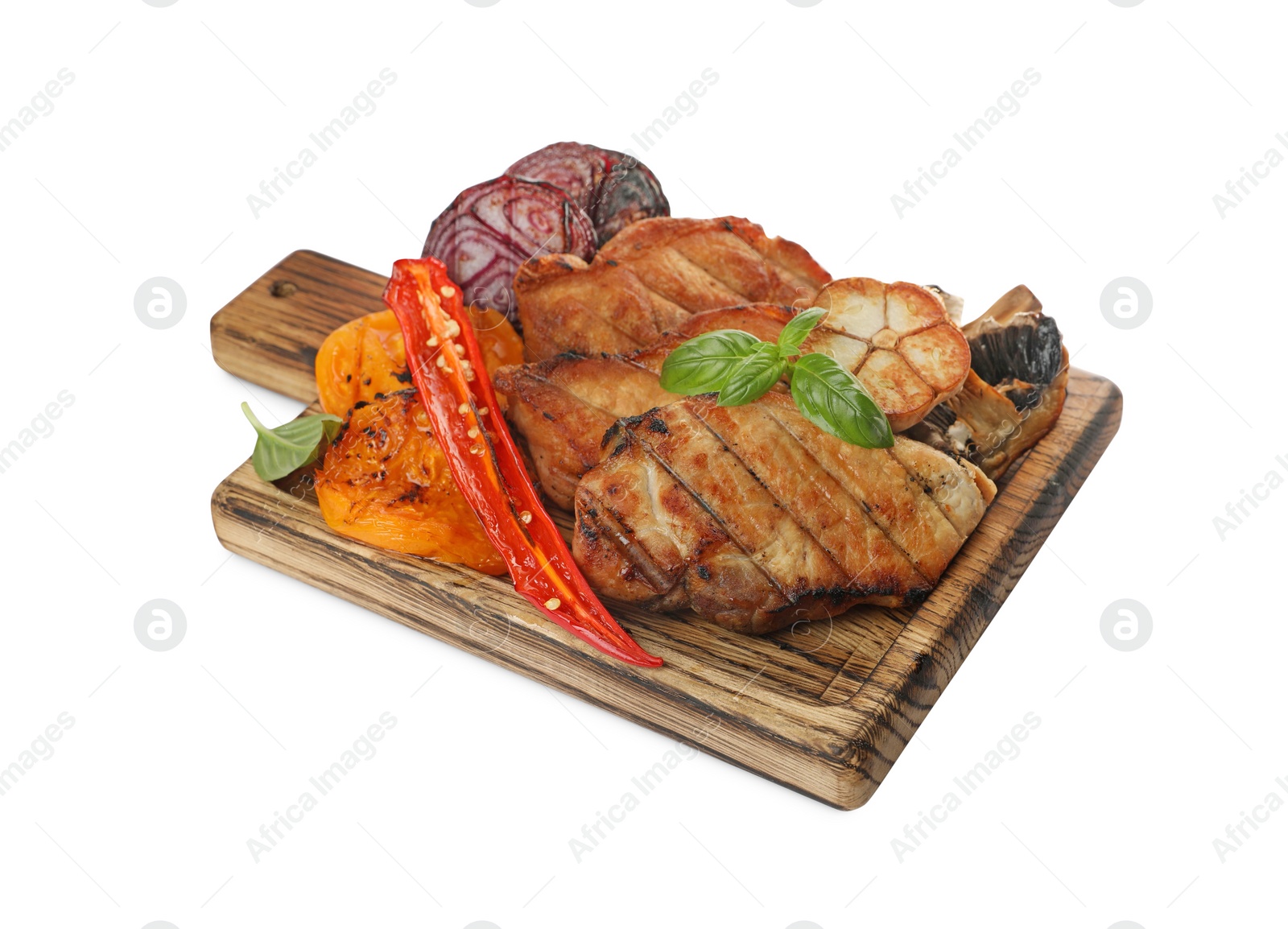 Photo of Wooden board with tasty grilled vegetables, meat and basil isolated on white