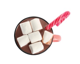 Photo of Cup of delicious hot chocolate with marshmallows  and candy cane isolated on white, top view