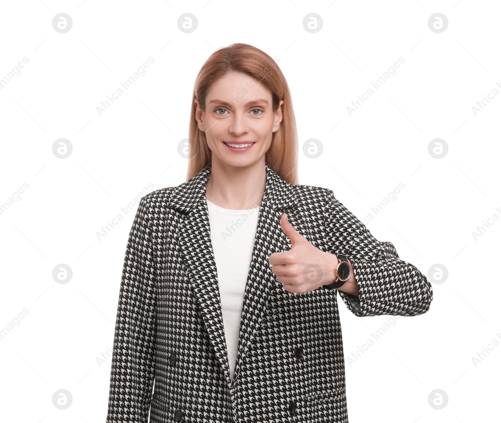 Photo of Beautiful happy businesswoman in suit showing thumb up on white background