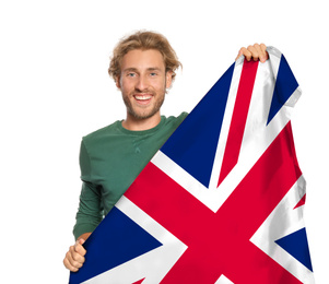 Young man with flag of Great Britain on white background. Learning English