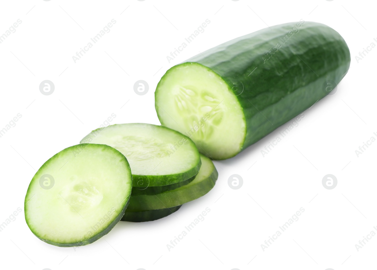 Photo of Fresh green sliced cucumber on white background