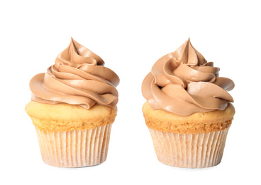 Photo of Delicious birthday cupcakes decorated with cream on white background