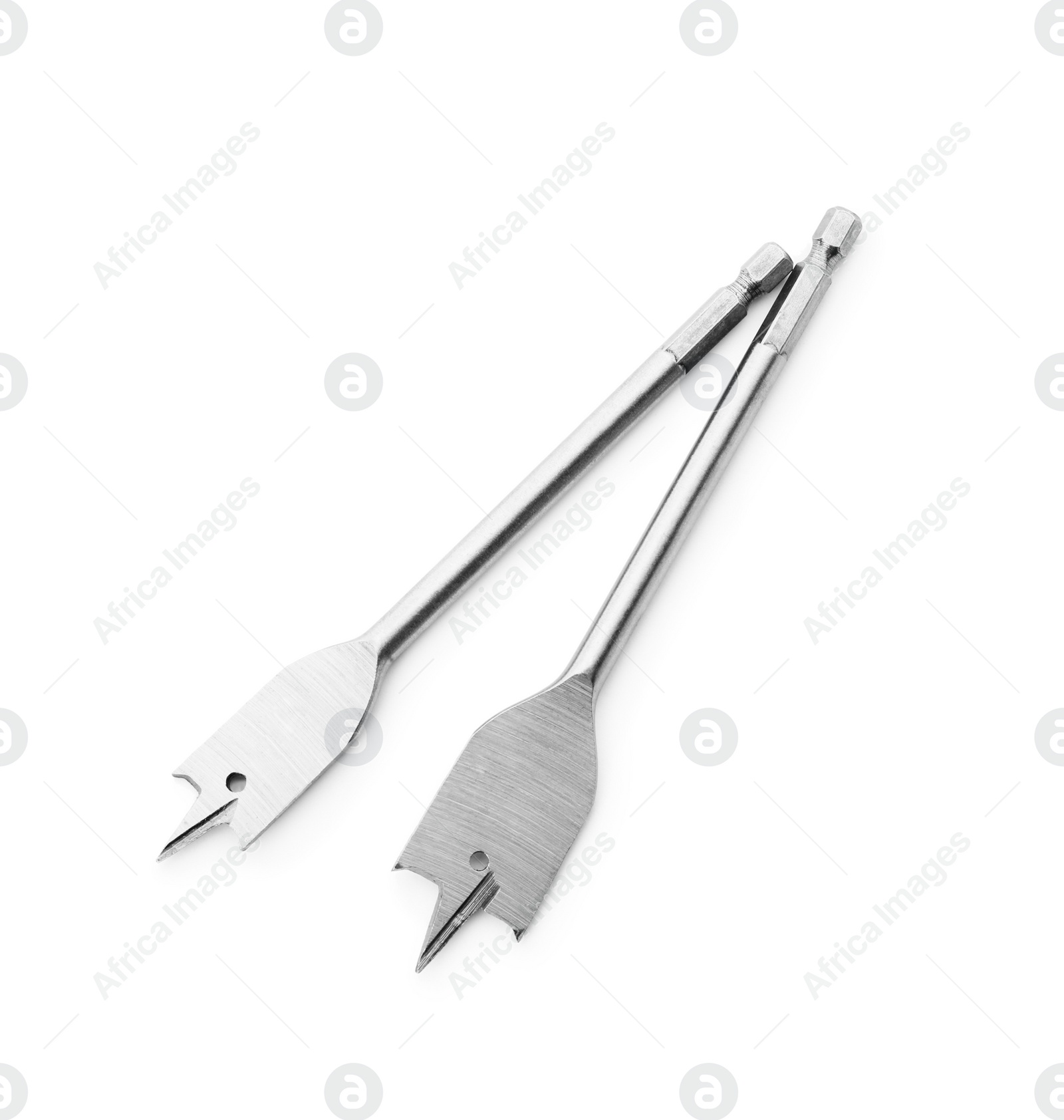 Photo of Spade drill bits isolated on white, top view. Carpenter's tools