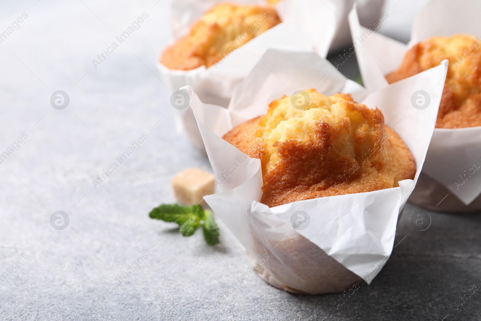 Photo of Delicious sweet muffins on light grey textured table, closeup. Space for text