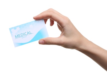 Photo of Woman holding business card isolated on white, closeup. Medical service