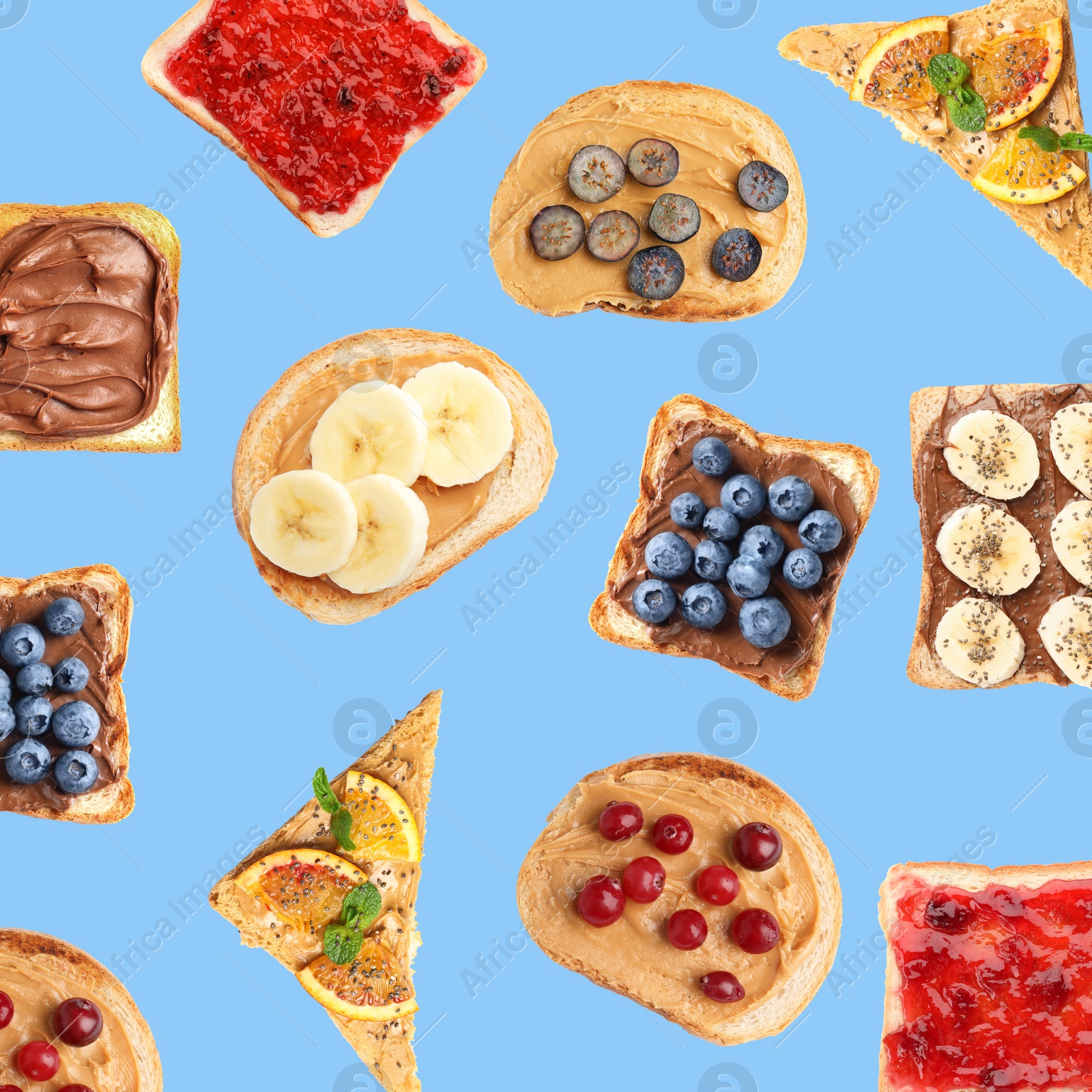 Image of Set of delicious toasted bread with different toppings on blue background, top view