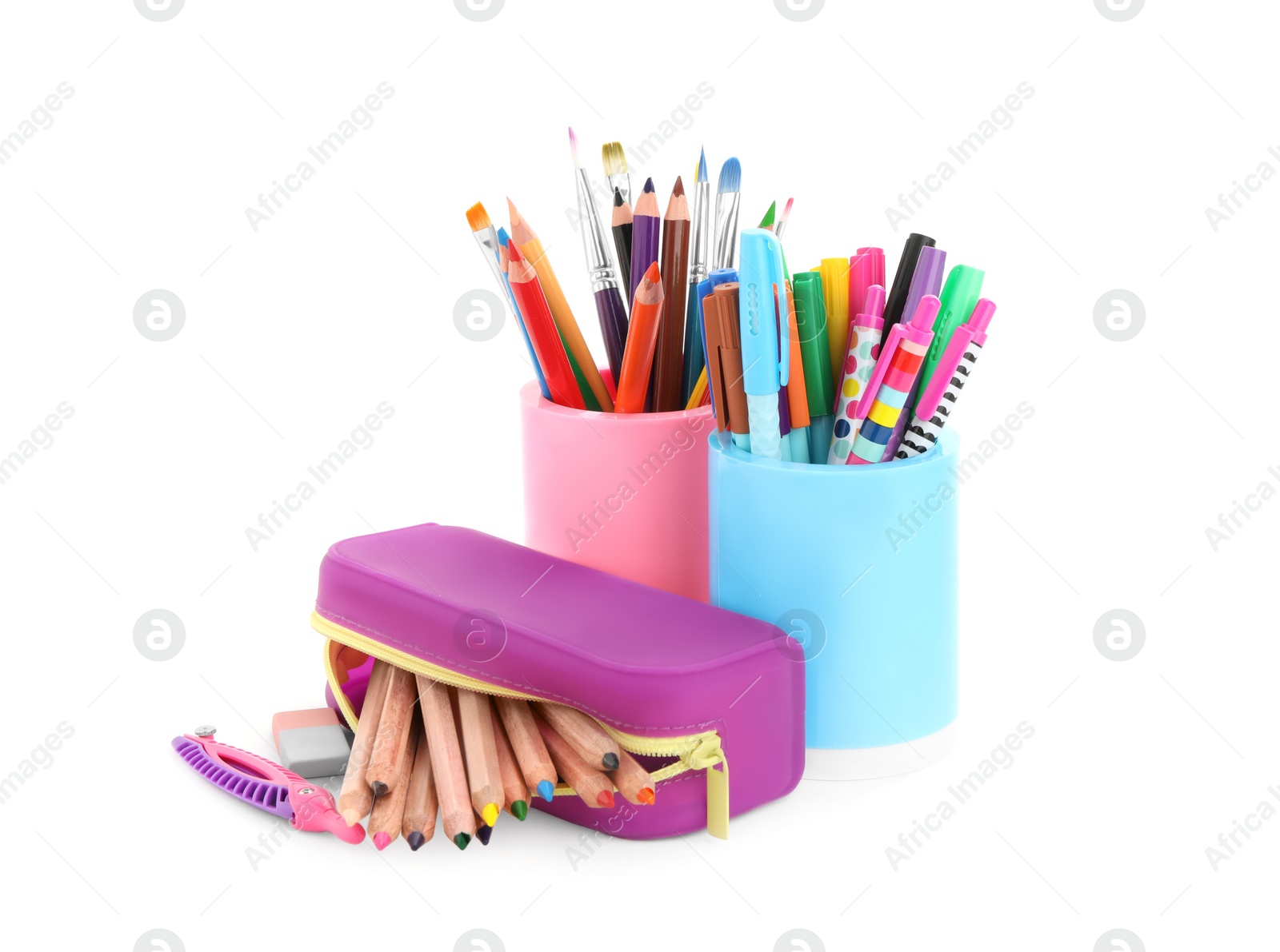 Photo of Set of colorful school stationery on white background