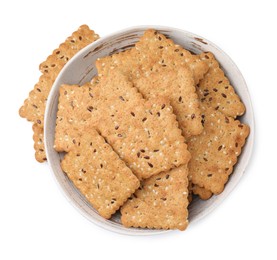 Photo of Cereal crackers with flax and sesame seeds in bowl isolated on white, top view