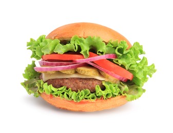 Photo of One tasty burger with vegetables, patty and lettuce isolated on white