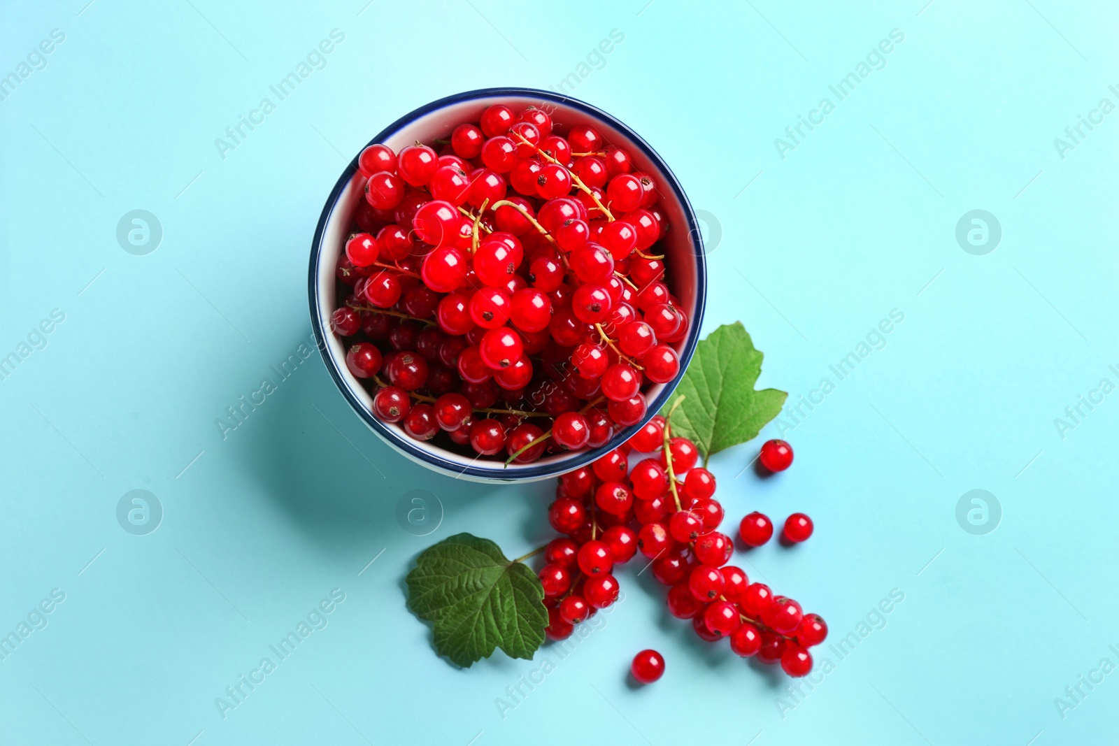 Photo of Delicious red currants and leaves on light blue background, flat lay