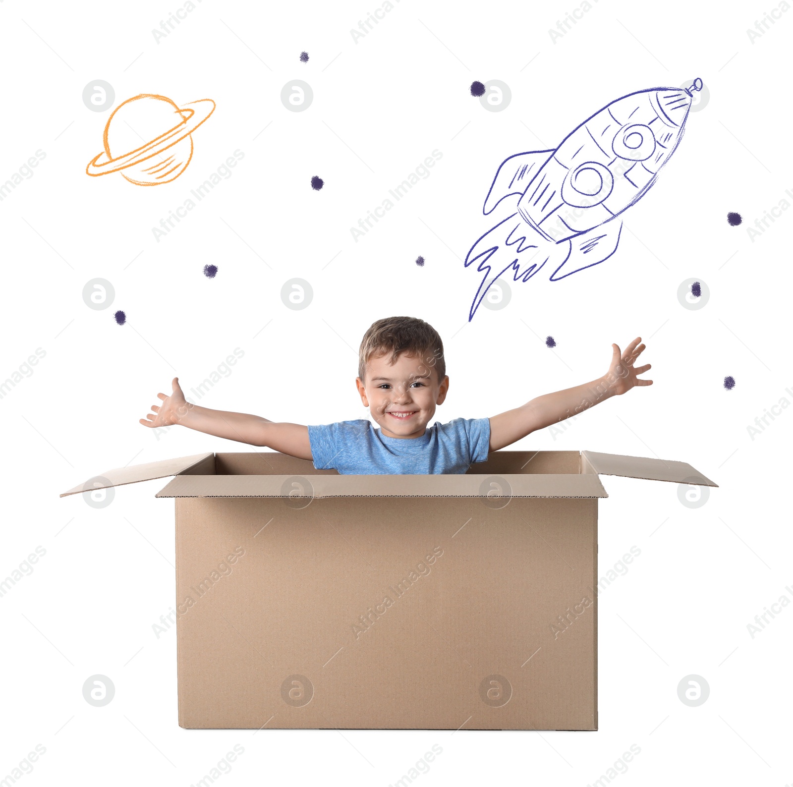 Image of Cute little boy playing in cardboard box on white background with illustrations