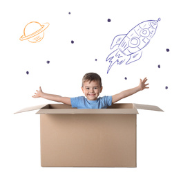 Image of Cute little boy playing in cardboard box on white background with illustrations