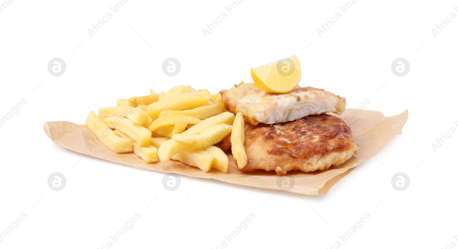 Photo of Tasty fish in soda water batter, potato chips and lemon slice isolated on white