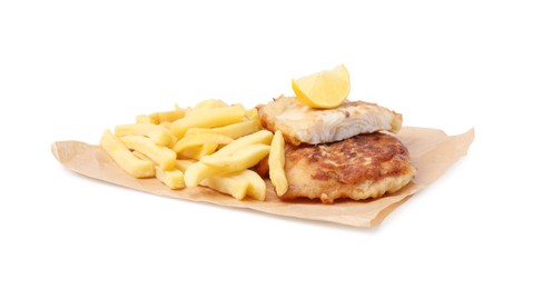 Tasty fish in soda water batter, potato chips and lemon slice isolated on white