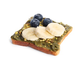 Photo of Toast with tasty pistachio butter, banana slices, blueberries and nuts isolated on white