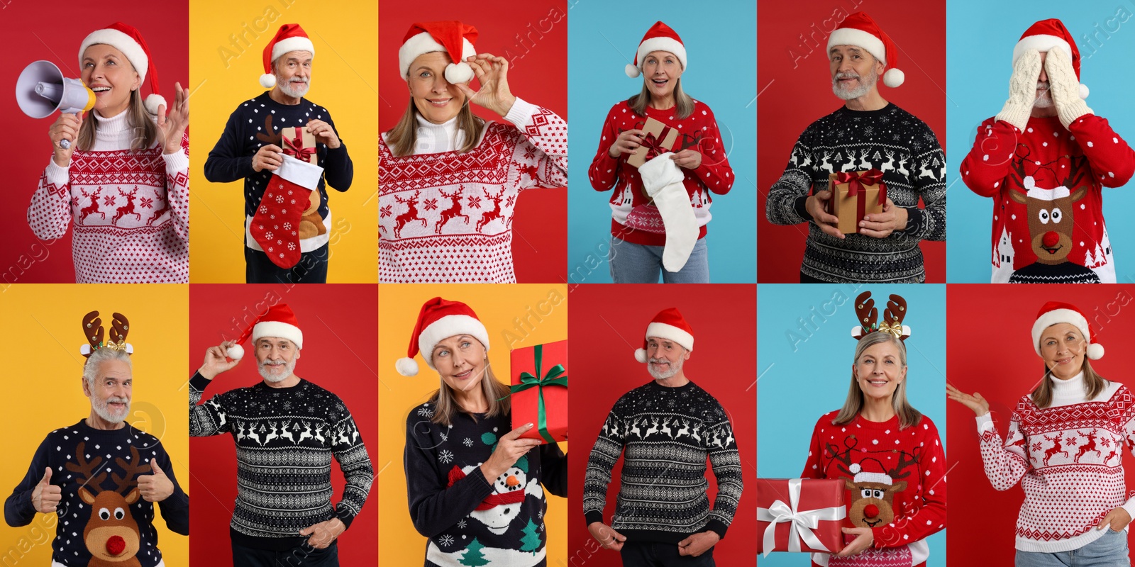 Image of Man and woman in Christmas sweaters on color backgrounds, set of photos