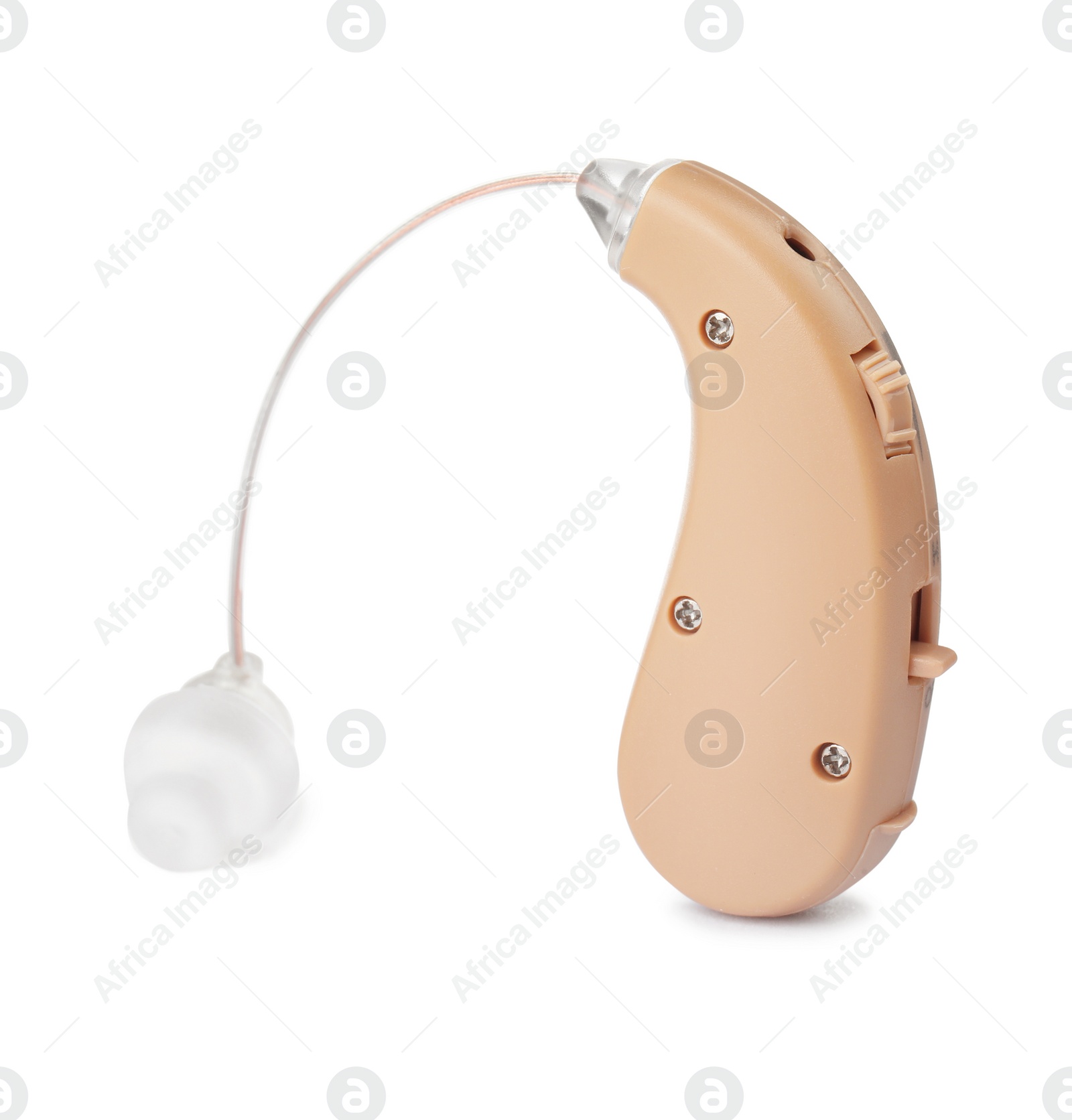 Photo of Hearing aid on white background. Medical device