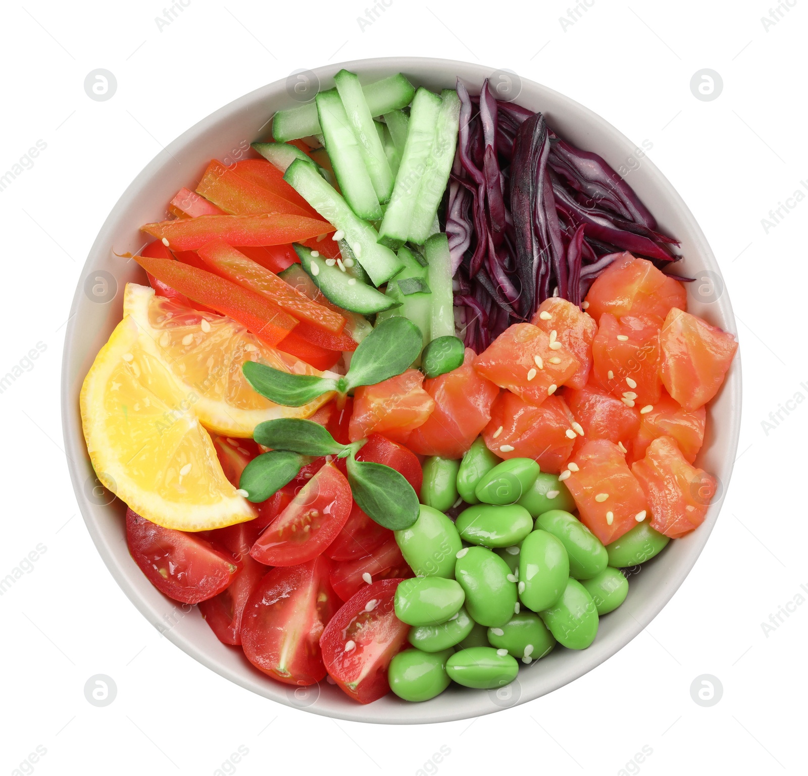 Photo of Poke bowl with salmon, edamame beans and vegetables isolated on white, top view