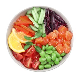 Photo of Poke bowl with salmon, edamame beans and vegetables isolated on white, top view