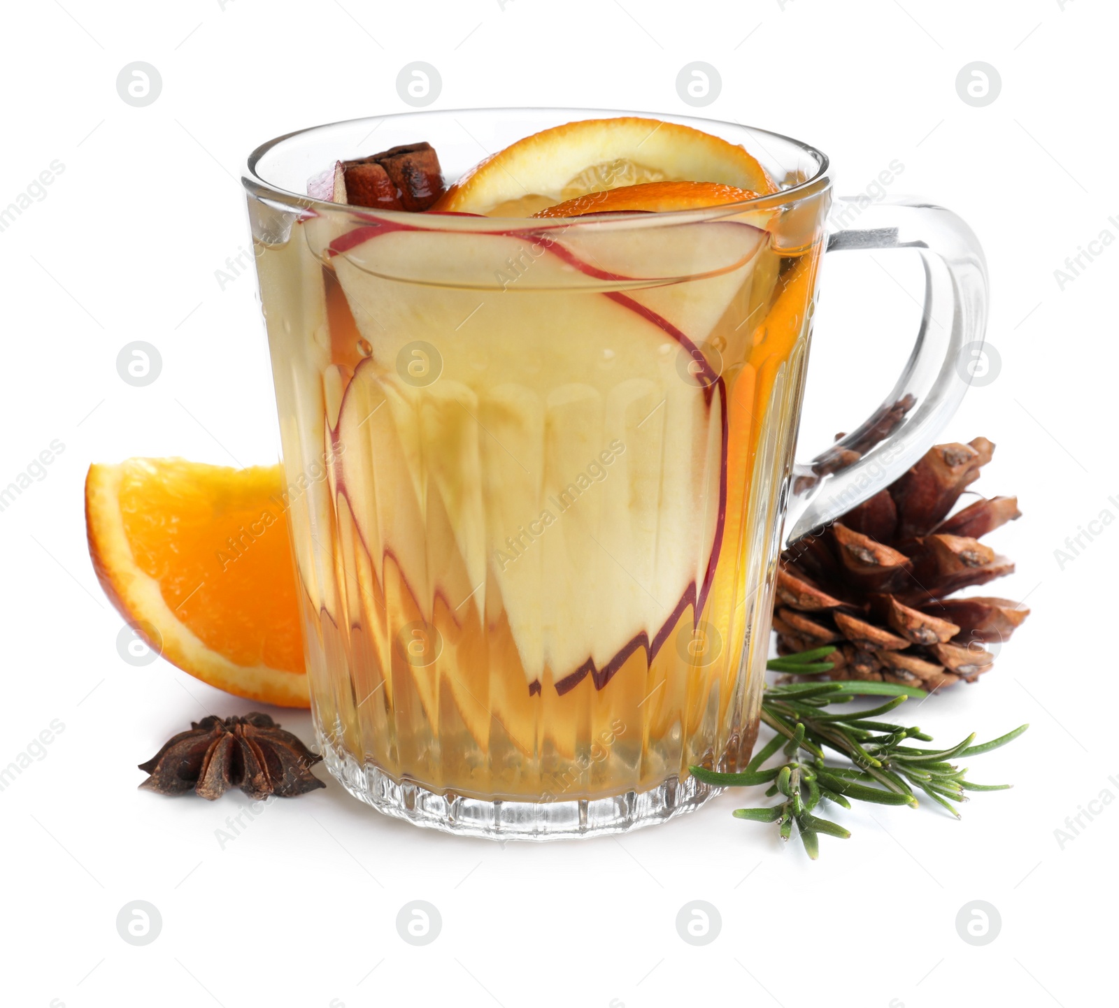 Photo of Composition with aromatic mulled wine on white background