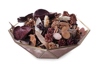Aromatic potpourri of dried flowers in bowl on white background