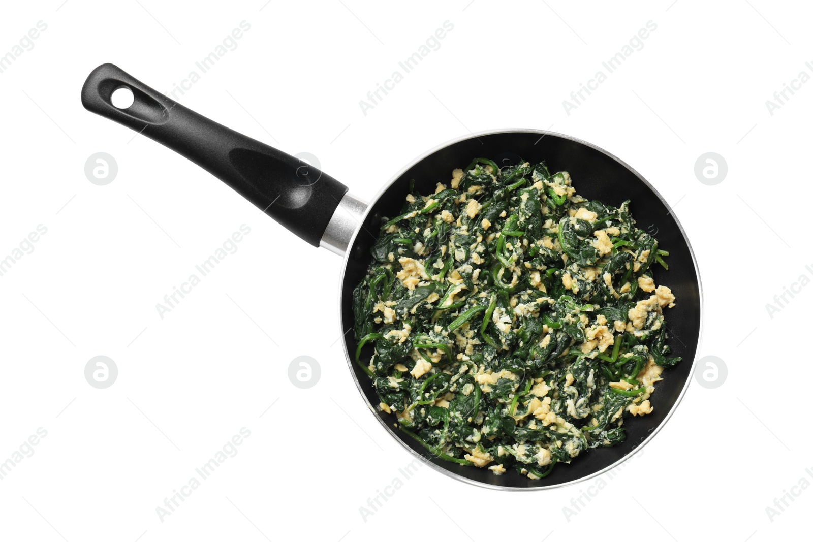 Photo of Tasty spinach dip with eggs in frying pan isolated on white, top view