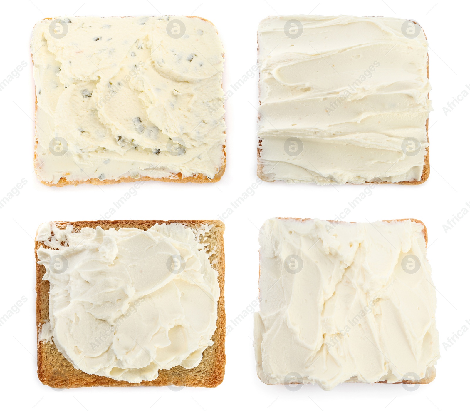 Image of Top view of toasted bread with tasty cream cheese on white background, collage