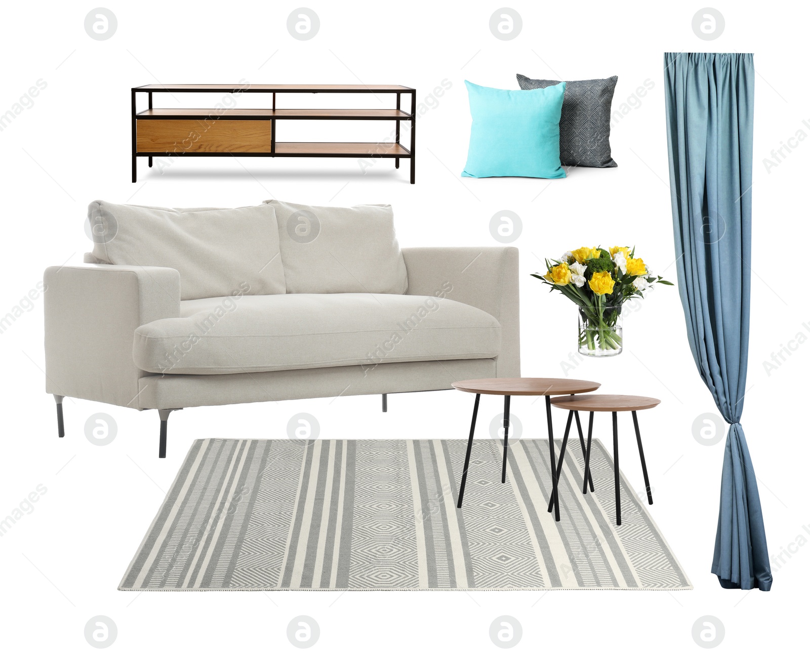 Image of Stylish interior design. Different decorative elements and furniture on white background. Mood board collage