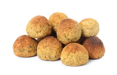 Photo of Pile of delicious falafel balls on white background