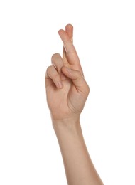 Photo of Woman with crossed fingers on white background, closeup of hand