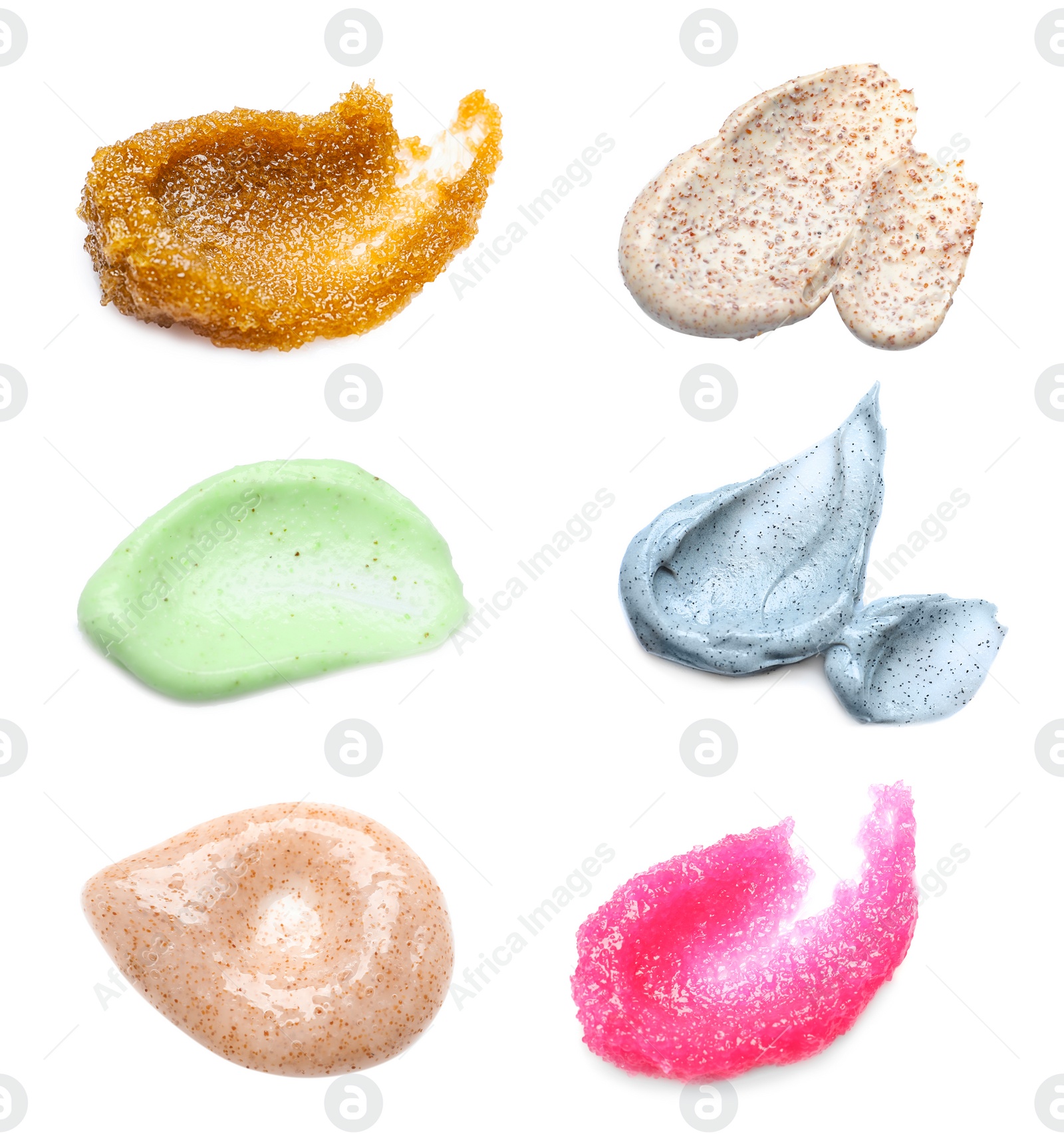 Image of Set with different samples of natural scrubs on white background, top view  