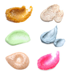 Image of Set with different samples of natural scrubs on white background, top view  