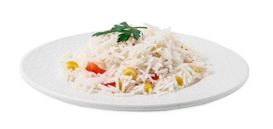 Photo of Delicious rice with vegetables and parsley isolated on white