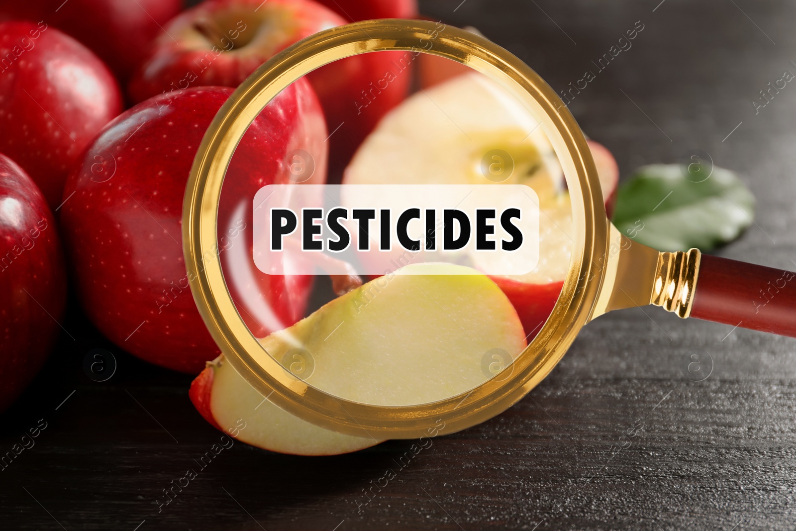 Image of Magnifying glass with inscription Pesticides and apples. Food poisoning concept  