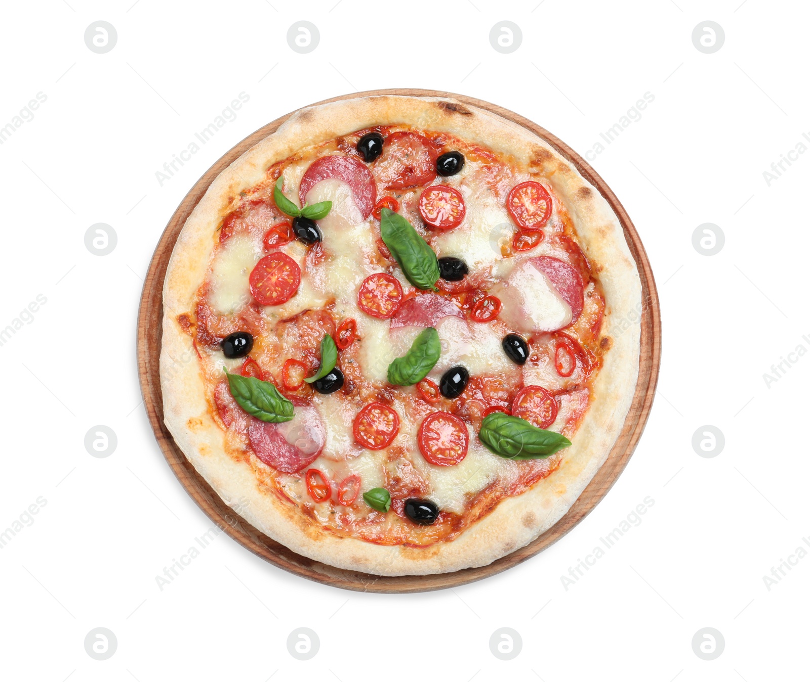 Photo of Delicious pizza Diablo isolated on white, top view