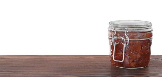 Delicious apple jam in jar on wooden table against white background, space for text