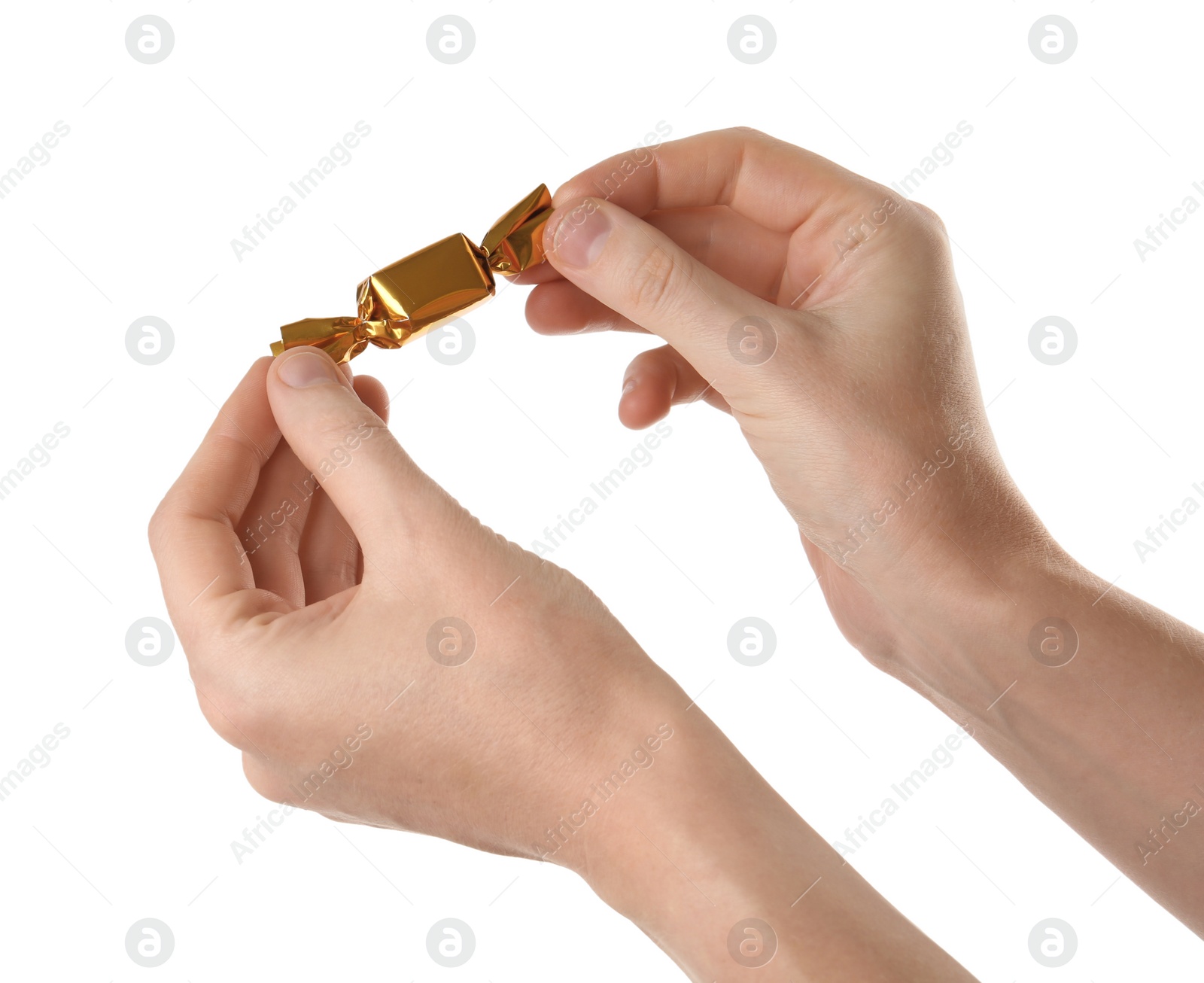 Photo of Woman unwrapping delicious candy isolated on white, closeup