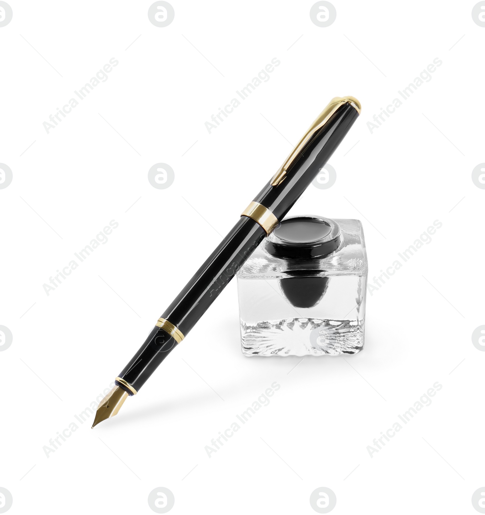 Photo of Stylish black fountain pen and inkwell isolated on white