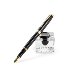 Photo of Stylish black fountain pen and inkwell isolated on white