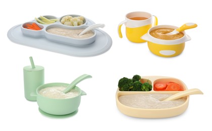Set with healthy baby food in different dishes on white background