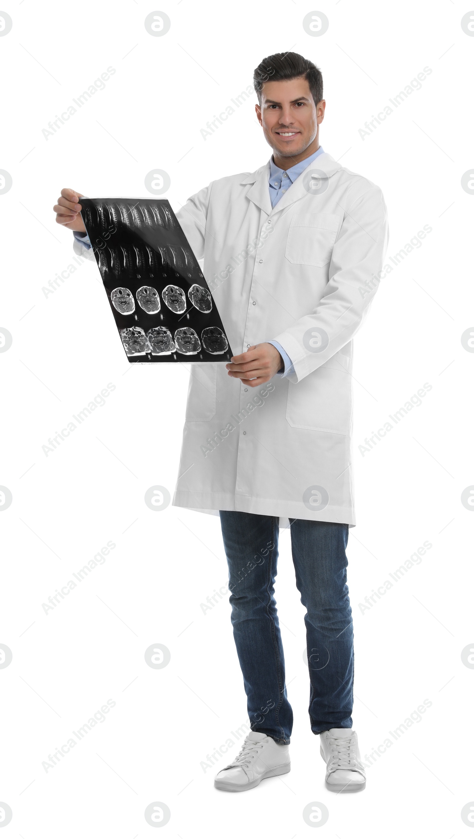 Photo of Orthopedist holding X-ray picture on white background